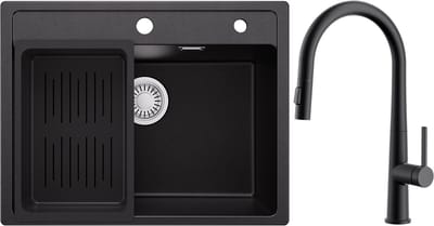 Anycee Max Granieten Spoelbakken (60x46CM) - Spoelbak Keuken Met Keukenkraan met Uittrekbare Uitloop - Wasbak Keuken Met Waterafvoersysteem en Afdruiprek - Zwart
