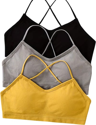 3-delige sportbeha set voor dames – ademende yoga bh, fitness bh met kruisbanden, sexy rugdesign, gym crop top & sportkleding - Zwart en Grijs en Geel