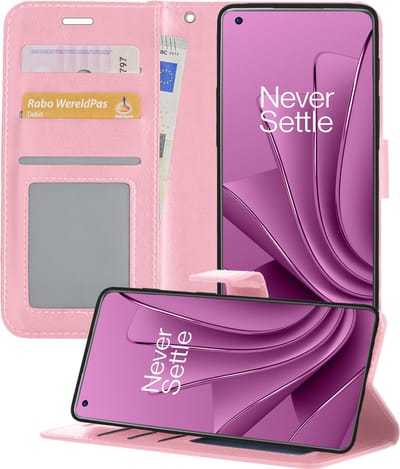 Hoesje - Met Pasjeshouder - Geschikt voor OnePlus 10 Pro - Luxe Bookcase Portemonee - Flip Case - Kunstleer Book Case - Flipcase - Book Cover - Walletcase - Portemonneehoes - Telefoonhoesjes - Lichtroze