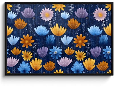 Poster in lijst - Fotolijst 120x80 cm - Posters - Bloemen - Patroon - Blauw - Contrast - Posterlijst zwart - Decoratie - Wanddecoratie woonkamer - Muurdecoratie slaapkamer