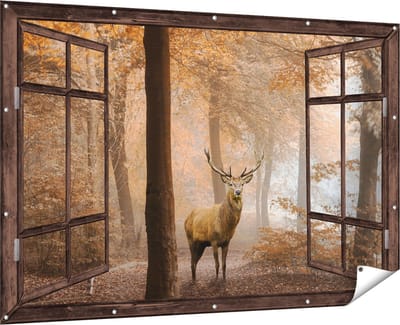 Gards Tuinposter Doorkijk Hert in het Bos - Herfst - 180x120 cm - Tuindoek - Tuindecoratie - Wanddecoratie buiten - Tuinschilderij