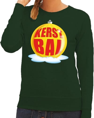 Foute kersttrui kerstbal geel op groene sweater voor dames - kersttruien XS