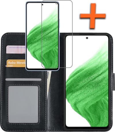 Hoes - Met Screenprotector - Geschikt voor Samsung Galaxy A53 - Luxe Pasjeshouder - Bookcase Portemonee - Flip Case - Kunstleer Book Case - Flipcase - Book Cover - Walletcase - PortemonneeHoes - Zwart