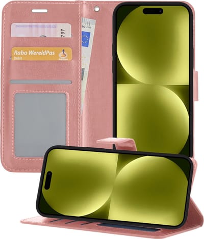Hoesje - Met Pasjeshouder - Geschikt voor Apple iPhone 15 - Luxe Bookcase Portemonee - Flip Case - Kunstleer Book Case - Flipcase - Book Cover - Walletcase - Portemonneehoes - Telefoonhoesjes - Rosé goud