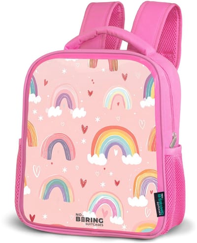 NoBoringSuitcases.com® - Rugzak roze - Schooltas meisjes - Regenbogen op een roze achtergrond - Kinder rugtas meisje - Boekentas kind - Kinderrugzak voor school - Schoolrugzak