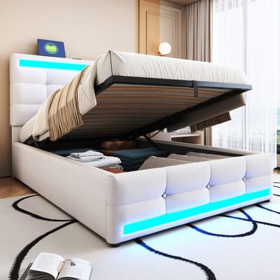 DESMIU Gestoffeerd Bed 90x200 cm – Met Verstelbaar Hoofdbord, Usb en Ledverlichting – Zonder Matras – Voor Jeugd- en Slaapkamer – Beige