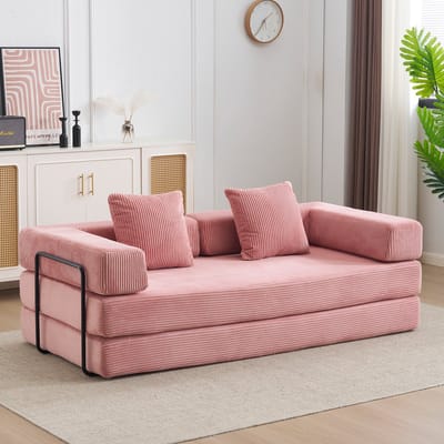 Multifunctionele Corduroy Slaapbank–Vaste Framebank–Opvouwbaar met 2 Kussens en Armleuningen–Comfortabel 2-in-1 Ontwerp–Geschikt voor 2 Personen-Te Gebruiken als Logeerbed, Bank en Ligstoel–Ideaal voor Woonkamer, Appartement of Kleine Ruimtes–blauw