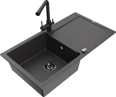 Mexen Leo granieten spoelbak 1-komorige met druiprek en keukenkraan Duero, zwart gespikkeld - 6501-76-671600-70-B