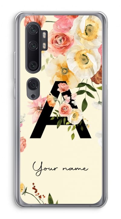 Gepersonaliseerd - Case Company® - Hoesje geschikt voor Xiaomi Mi Note 10 hoesje - Flirty Flowers Monogram - Soft Cover Telefoonhoesje - Bescherming aan alle Kanten en Schermrand