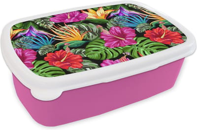 Broodtrommel Roze - Lunchbox - Brooddoos - Tropisch - Patronen - Bloemen - Monstera - 18x12x6 cm - Kinderen - Meisje