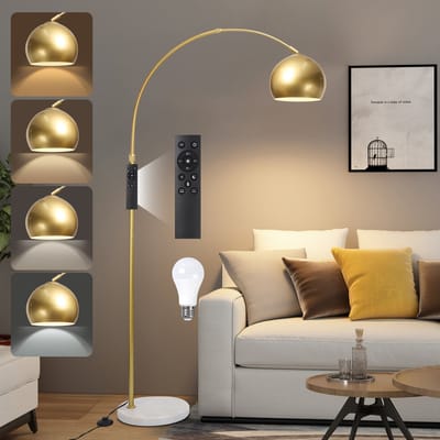 Rosnek 175 cm Moderne Boog Vloerlamp Dimmbaar met Marmeren Basis - Afstandsbediening & Voetbediening Inbegrepen - Hoogte Verstelbaar & 360° Kap - Incl. 12W LED-lamp - Staande Lampe voor Woonkamer, Slaapkamer