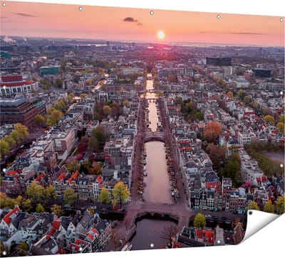 Gards Tuinposter Bovenaanzicht Amsterdam met Zonsondergang - 160x120 cm - Tuindoek - Tuindecoratie - Wanddecoratie buiten - Tuinschilderij