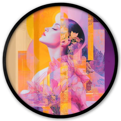Poster in lijst Rond - Fotolijst 40x40 cm - Posters - Abstract - Portret - Vrouw - Kleurrijk - Ronde posterlijst zwart - Decoratie - Wanddecoratie woonkamer - Muurdecoratie slaapkamer