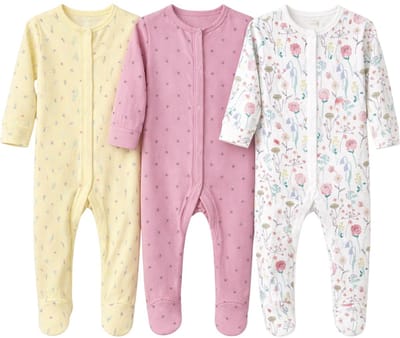 3 meisjes Pyjama's - 3 Slaappakjes - Antislip-voetjes - 100% katoen - Flowers & Bees - Maat 9-12 mnd