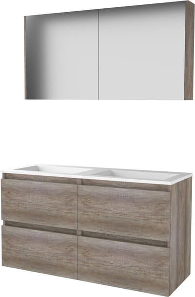 Basic Comfort 46 badmeubelset met spiegelkast, greeploze wastafelonderkast met 4 lades en acryl wastafel zonder kraangaten 120 x 46 cm, scotch oak