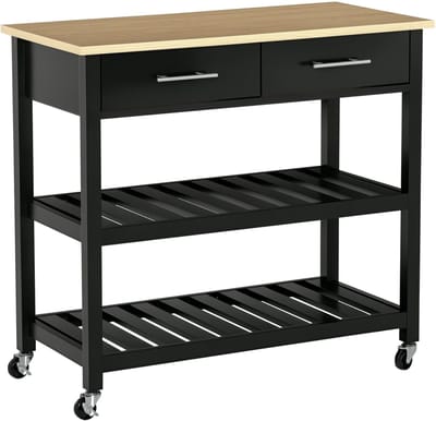 HOMCOM-keukenkar-91,4x45,6x85cm-MDF panelen-Zwart, Natuurlijk hout