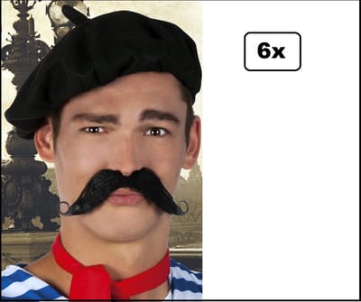 6x Snor zwart Fransman - Frankrijk knoflook stokbrood carnaval optocht thema feest viva la france