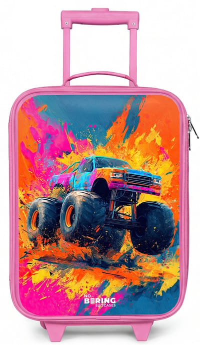 NoBoringSuitcases.com® - Kinderkoffer roze - Kindertrolley meisje - Monstertruck - Verfspatten - Kleurrijk - Explosie - Koffer kind lichtgewicht - Reiskoffer trolley voor kinderen - Koffertje met lichtgevende wieltjes - Rolkoffer