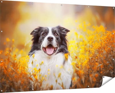 Gards Tuinposter Blije Hond tussen de Bloemen - 180x120 cm - Tuindoek - Tuindecoratie - Wanddecoratie buiten - Tuinschilderij
