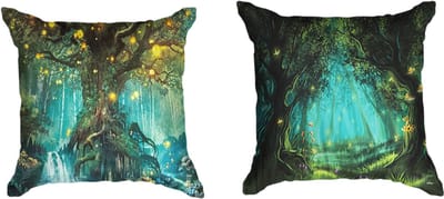 Ulticool  - Kussenhoes - Sprookje Elf Boom Magisch Bos Natuur - Set van 2 Kussens - Exclusief Kussenvulling - Sierkussens 45x45 cm - Sierkussenhoes Accessoires - Kussentjes Bank voor Decoratie Woonkamer Slaapkamer Jeugdkamer Kinderkamer - Groen