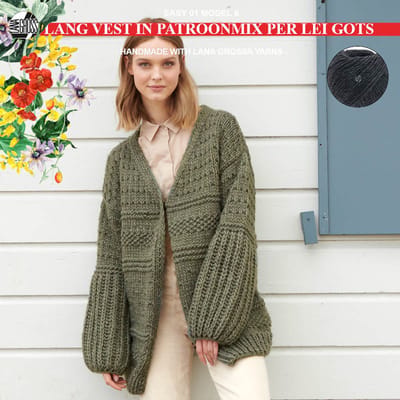 Breipakket lang vest in een patroonmix met Per Lei Gots-mt. 36/38 - model 06 van Lana Grossa Easy 01-antraciet