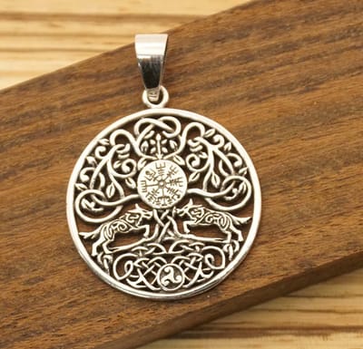 Sterling zilveren hanger levensboom met 2 keltische wolven, in het midden chaos teken - levensboom hangertje van 925 zilver - tree of life pendant silver - bedel voor aan ketting van boom des leven - keltische zilveren hangers