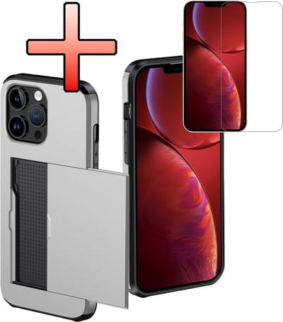 Hoes Geschikt voor iPhone 14 Pro Hoesje Pasjeshouder Hard Cover Met Screenprotector Shock Proof Hard Case Hoes Met Kaarthouder - Grijs