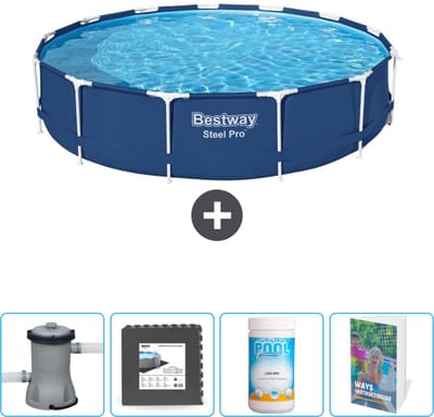 Bestway Rond Steel Pro Zwembad - 396 x 84 cm - Blauw - Inclusief Pomp Vloertegels - Chloor - Zwembadgids