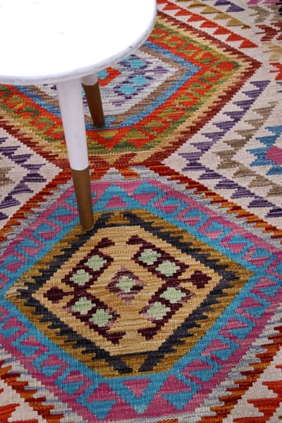 Kleurrijk Tapijt Laagpolig Handgeweven Wollen Vloerkleed - Koho Afghan Kelim 149x105 - 149x105cm- Modern - Woonkamer - Salon - Slaapkamer - Eetkamer