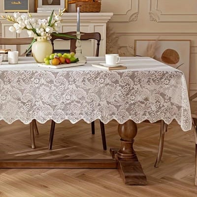 One Piece Franse Poinsettia Kant Tafelkleed, Rechthoekige Polyester Tafelloper voor Eet- en Salontafels, Wasbaar, Gemakkelijk te Reinigen white
