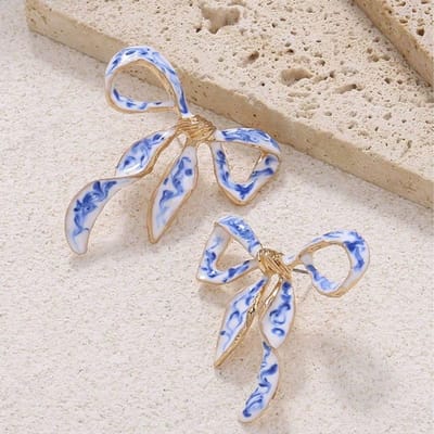 Boucles d'Oreilles Nœud Bleu et Blanc Peinture à l'Huile Vintage, Boucles d'Oreilles Ruban Émaillé Mode pour Femmes one-size multicolore