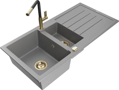 Mexen Andres granieten gootsteen 1,5-kamer met afdruiprek en keukenmengkraan Flora, grijs - 6515-71-670401-57-G