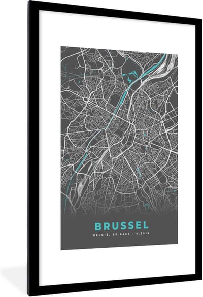 Fotolijst incl. Poster - België – Brussel – Stadskaart – Kaart – Blauw – Plattegrond - 80x120 cm - Posterlijst