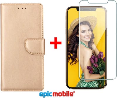 Hoesje geschikt voor iPhone 11 Pro Max book case - deluxe portemonnee hoesje + Screenprotector - 9H tempered glass - Goud - EPICMOBILE