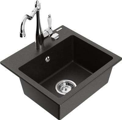 Mexen Milo granieten gootsteen 1-komor met keukenkraan Carla, zwart/gouden metallic - 6505-75-670700-00