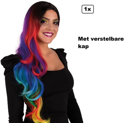 Luxe Pruik Rainbow lang met krullen - Wasbaar en verstelbare luxe pruik - Regenboog