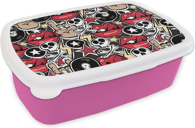 Broodtrommel Roze - Lunchbox - Brooddoos - Rock - Rock 'n roll - Patroon - Doodshoofd - 18x12x6 cm - Kinderen - Meisje