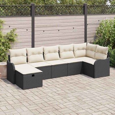 vidaXL Bankstel met kussen met opslag Zwart en Crème poly rattan