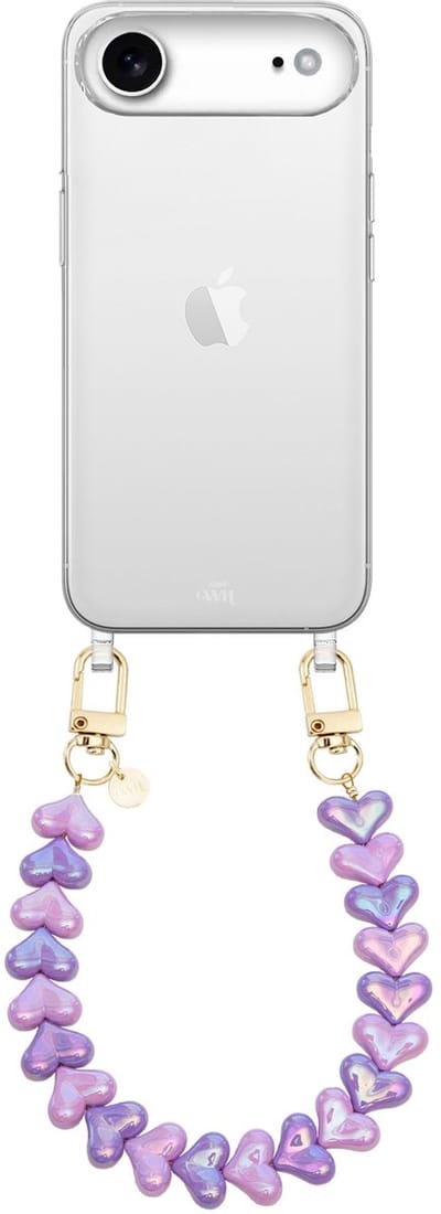 xoxo Wildhearts siliconen hoesje - Geschikt voor iPhone 17 Air hoesje - Funky Hearts (Pink & Purple Metallic) - Telefoonhoesje - Hoesje met koord - Roze en Paars koord - kort telefoonkoord - Hartjes ketting - Transparant hoesje