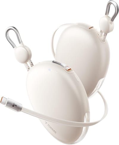 TORRAS FlexLine Pebble powerbank, 35W snel opladen, ingebouwde 69cm uitschuifbare USB-C kabel, 10000mAh draagbare oplader, FCC & CCC gecertificeerd, vliegtuigveilig, geschikt voor iPhone 17/16/15, Android, iPad, MacBook, Wit