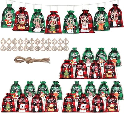 Allecta - Kerstzakjes met 24 houten etiketten, jute zakjes, adventskalender voor snoepjes - Set van 24