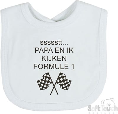 Soft Touch Slabber Slabbetje Slab "Papa en ik kijken Formule 1" Formule 1 33 x 22 Cm Katoen Wit/zwart