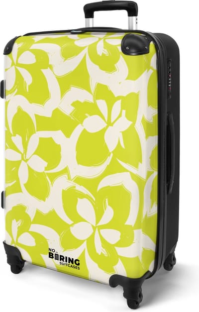 NoBoringSuitcases.com® - Ruimbagage reis koffer groot - Rolkoffer lichtgewicht - Geel met beige bloemen - Reiskoffer met 4 wielen - Vakantie valiezen volwassenen - Grote trolley XL - 20 kg bagage
