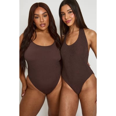 boohoo Dames Premium One Size Fits All Gekreukt Badpak Met Diepe Halternek | Chocoladebruin