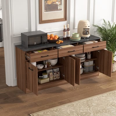 REDOM - Keukenkast met 3 lades en 2 kastdelen - Verstelbare legplanken - Werkblad in betonlook - Modern design - Keuken - MDF - Walnoot - 160 x 76,5 x 37 cm