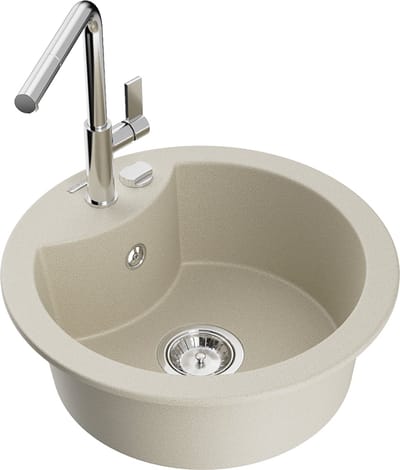 Mexen Diego granieten spoelbak met 1 bak en Flora keukenkraan, beige - 6512-69-670401-00