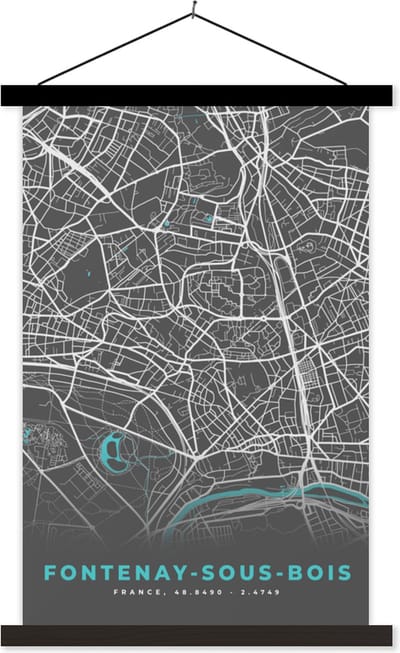 Posterhanger incl. Poster 40x60 cm - Schoolplaat - Fontenay-sous-Bois - Frankrijk - Stadskaart - Plattegrond - Kaart - Textielposter - Zwarte latten - Stadskaart