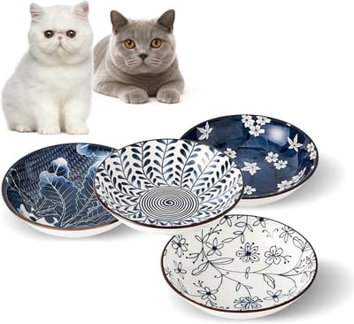 Set van 4 Vintage Blauwe en Witte Keramische Kattenkommen voor Voedsel en Water - 5,5 inch, Duurzaam en Stijlvol