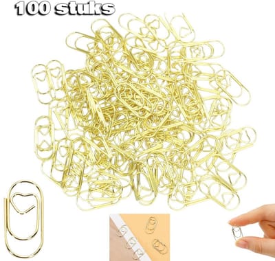 100 stuks Mini metalen paperclips - paperclip - hartvormige paperclips - Gouden hartvormige paperclips - Kleine paperclips geschikt - 2*0.9 cm - organiseren en doe-het-zelfprojecten - kantoorartikelen - goud