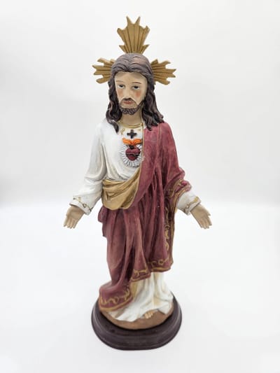 Jezus Christus met Kruis Wonderdadig - beeld 31,5 cm hoog op console - materiaal polystone - religieus beeld